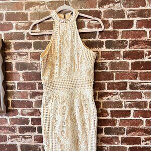 PrettyLittleThing White Lace Halter Midi Dress - Size 4